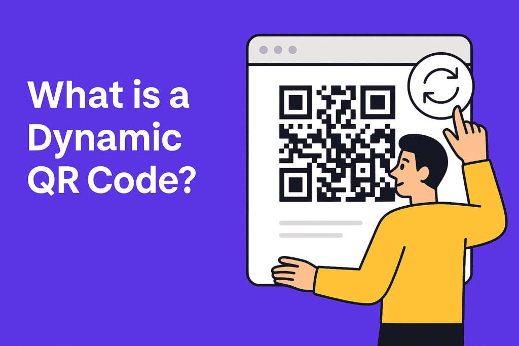 Illustration of a person interacting with a dynamic QR code interface showing its editable features - free dynamic QR code generator