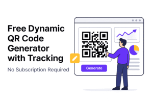 Illustration of a person generating a dynamic QR code with tracking and analytics dashboard, promoting a free QR code generator with no subscription