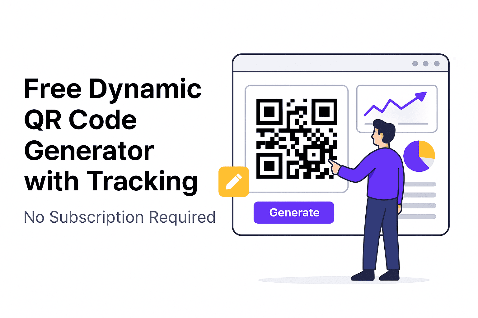 Illustration of a person generating a dynamic QR code with tracking and analytics dashboard, promoting a free QR code generator with no subscription