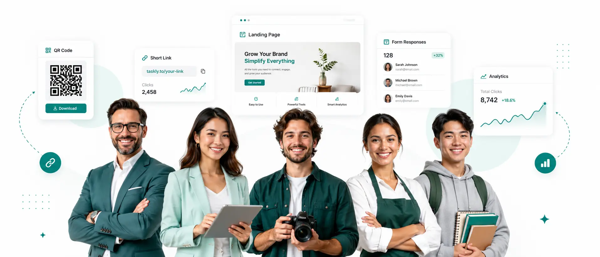 Taskly Tools features for QR codes, landing pages, forms and analytics