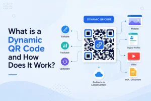 A professional business person scanning a dynamic QR code on a marketing poster.